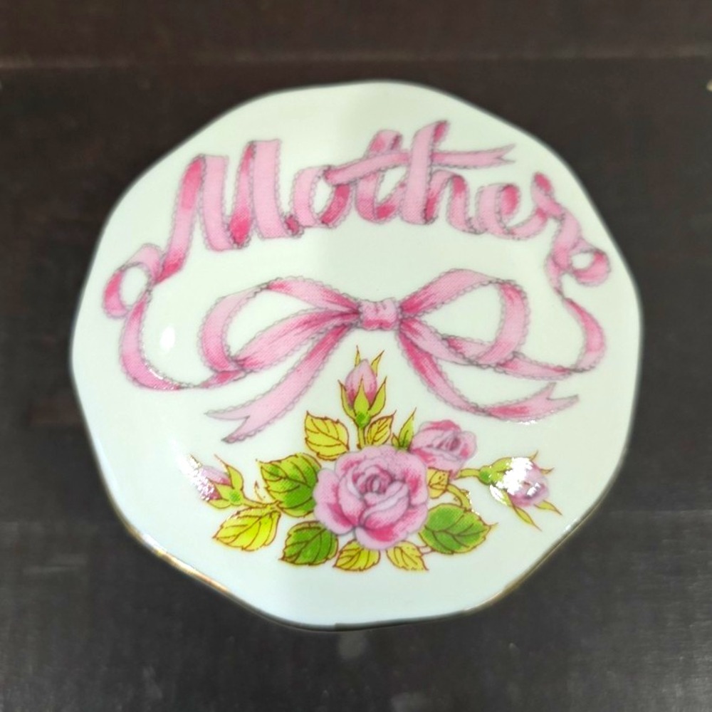 Vintage Enesco Porcelain Trinket Box w/ Lid "Mother" Pink Ribbon Rose